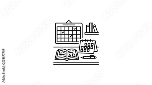 Desk with calendar book and pen illustration.