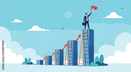 Proud businessman standing on the highest block of a rising staircase holding a red flag to mark his final goal achieved.