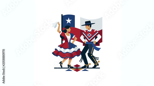 Fotografía Texas Couple Dancing Traditional Folkloric Style with State Flag