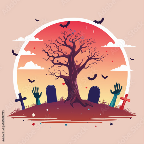 Halloween graveyard scene with zombie hands and bare tree at sunset
