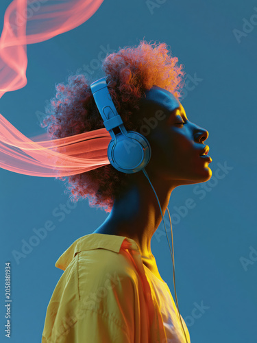 Hispanic woman enjoys music with pink sound waves in vibrant mixed media art