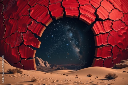 Broken red earth frames a starry cosmos