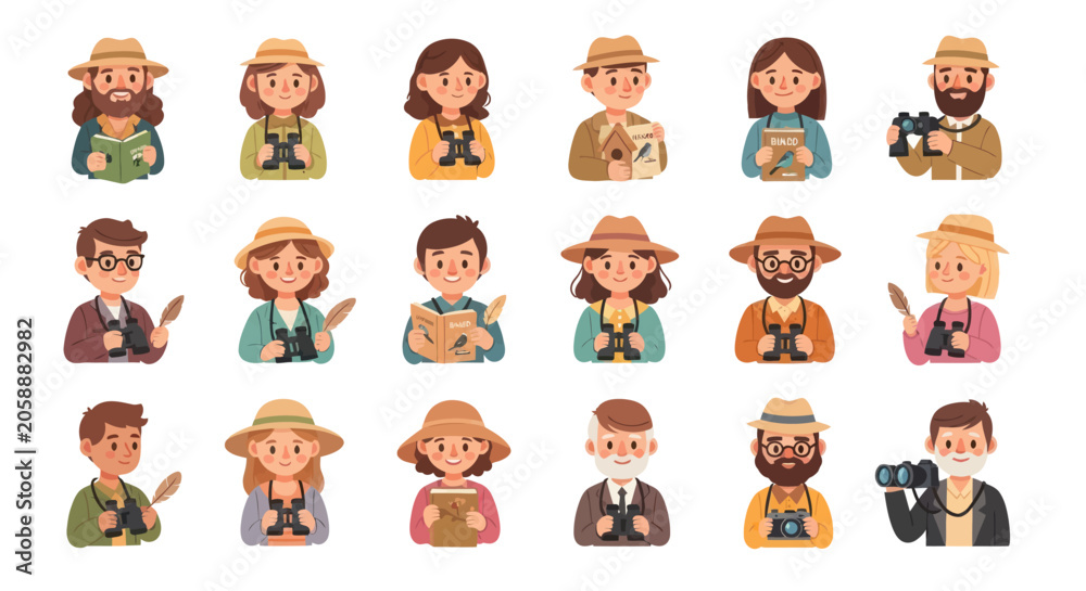 Fototapeta premium Flat Vector Illustration Set of Diverse People Avatars for Nature Exploration, Birdwatching, and Outdoor Hobbies