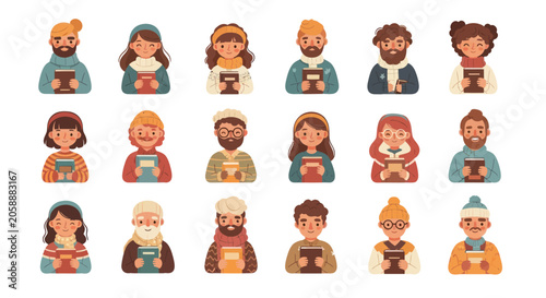 Diverse Flat Illustration Vector Characters Avatars Collection Reading Books for Education, Learning and Knowledge