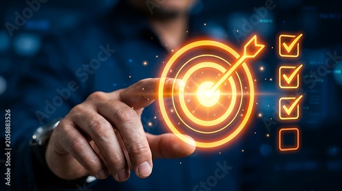 Hand pointing at glowing target bullseye with checklist, business goal setting, planning and objective achievement concept
