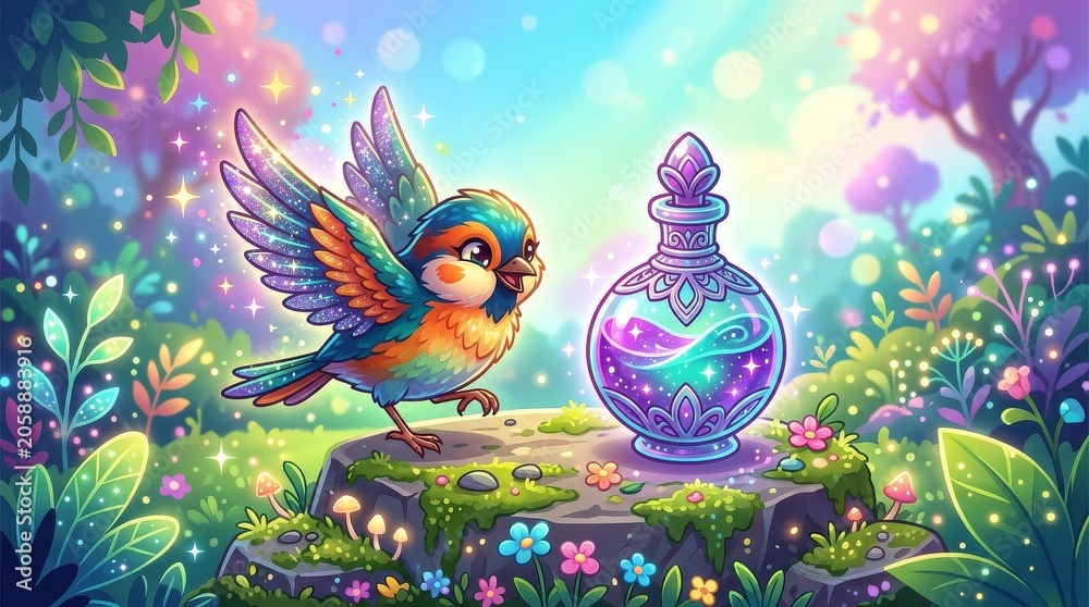 Fototapeta premium Cute Magical Bird with Sparkling Wings Near Fantasy Potion Bottle