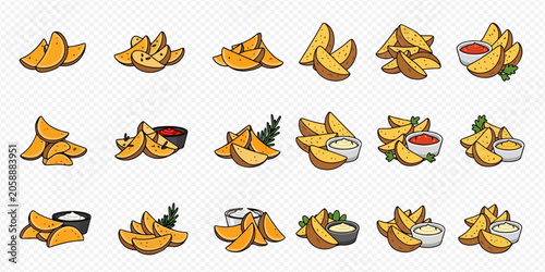 Tableau sur toile Set of cartoon potato wedges with various dips and herbs, including ketchup, mayonnaise, and rosemary, on a transparent background