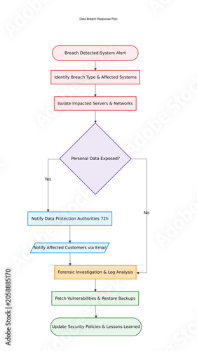 Data Breach Response Plan Flowchart Template. Cyber Security Incident Management Process Vector Infographic.