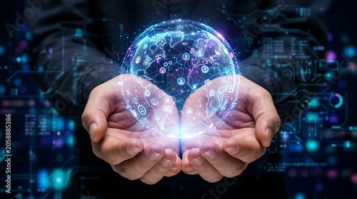 Global network connection concept with hands holding digital holographic globe, technology and communication background