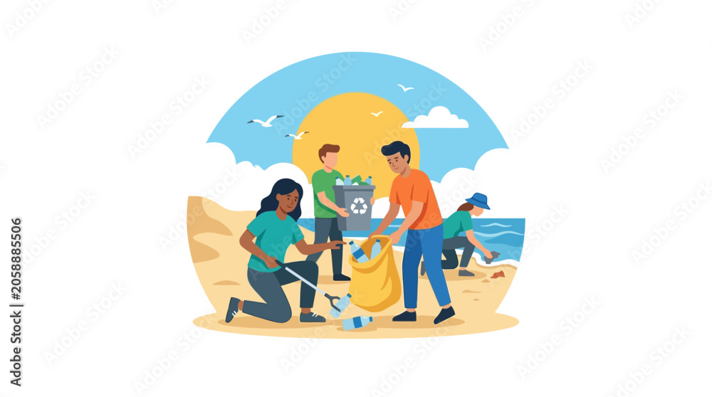 Obraz premium Volunteers cleaning beach, environmental protection, recycling, community action