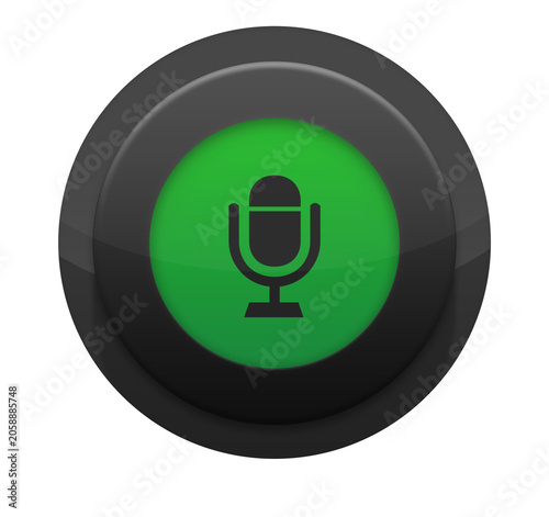 Minimalist glossy black and green round microphone button with mic on icon for interface design