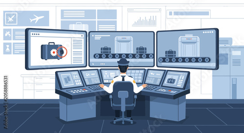 Airport security officer monitoring baggage screening on multiple screens
