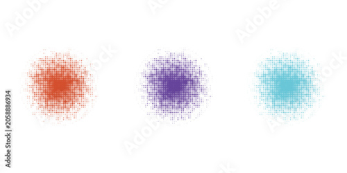 Three colorful circular halftone abstract patterns with radial dot gradients on a white background