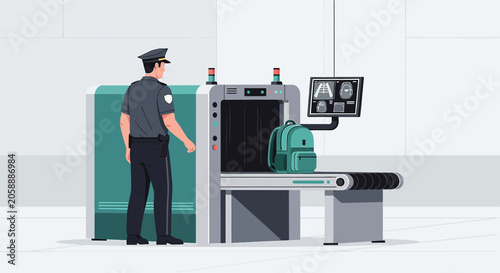 Airport security officer overseeing baggage scanner with backpack and x-ray screen