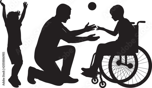 Silhouette illustration of father playing catch with child in a wheelchair