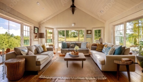 Spacious and Bright Living Room with Large Windows and Comfortable Seating.