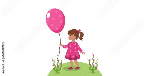 Animated illustration of a girl holding a pink balloon in a flower garden.