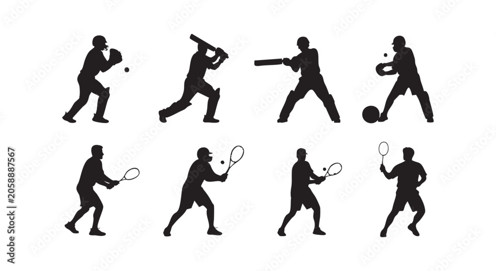 Obraz premium Sports collection showing cricket and tennis players silhouettes with bats rackets balls in dynamic action game poses.