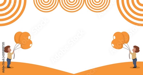 Animated illustration of a boy holding a balloon with orange decoration copy space
