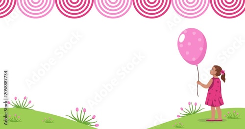 Animated illustration of a girl holding a balloon in a flower garden with pink decoration copy space