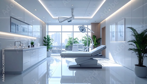 Bright and Modern Medical Clinic Interior with Examination Bed.