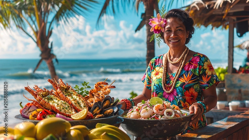 Smiling tropical woman presenting fresh luxury seafood platter with grilled lobsters, shrimp skewers and ceviche salad on a beautiful sunny beach background.