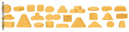 A comprehensive collection of cartoon hay bales, haystacks, and straw bundles in various shapes and arrangements for agricultural and farm designs.