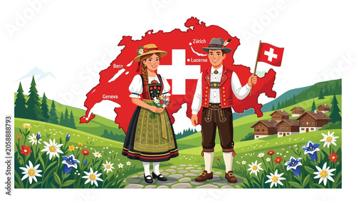 Photos Swiss man and woman wearing traditional folk attire stand before a map of Switzerland highlighting major cities