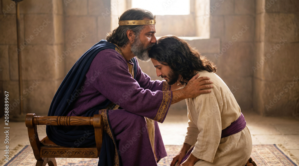 Fototapeta premium medium shot at eye level of King David, seated on his throne, kissing his son Absalom on the forehead as a sign of forgiveness, Absalom kneeling before him, real biblical