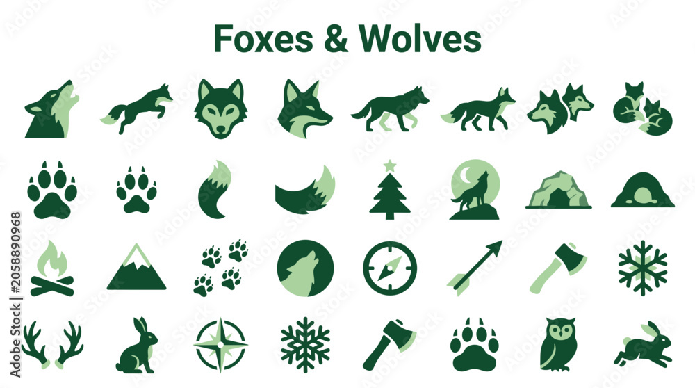 Obraz premium Collection of forest animal icons foxes wolves and nature elements for graphic design and illustration