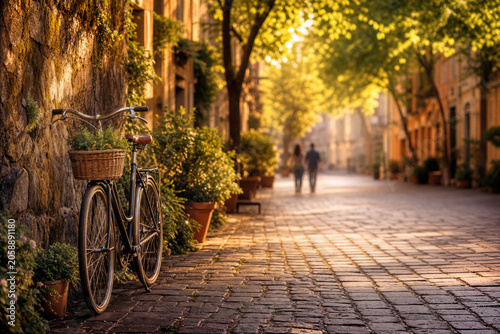 World Car Free Day bicycle against mossy stone wall on cobblestone street with empty green boulevard and pedestrians in soft bokeh urban sustainability scene