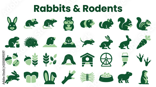 Photos Collection of green cartoon icons representing rabbits rodents and related eleme