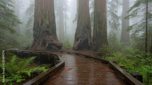 Misty forest with ancient redwood trees
