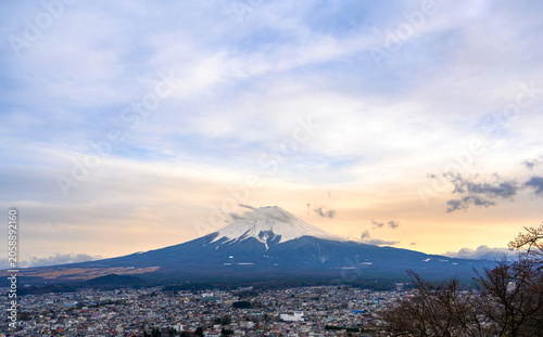 Fuji mountain nature landscape background in the spring season at Chureito pagoda, Japan.