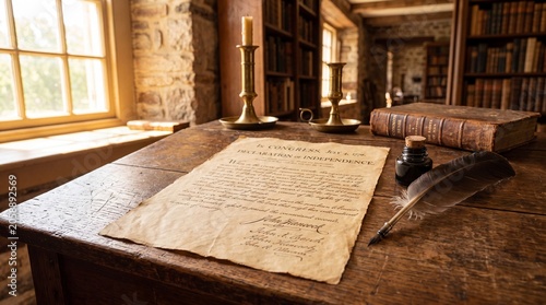 Declaration of Independence on a wooden desk with feather pen and candle in a library