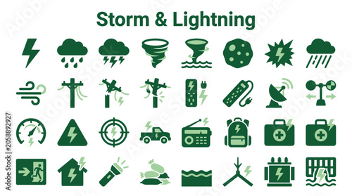 Εκτύπωση καμβά Collection of icons representing storm and lightning weather phenomena and relat
