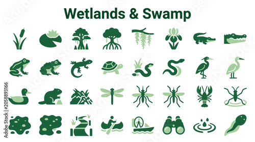 Foto Collection of wetland and swamp ecosystem icons featuring diverse flora and faun
