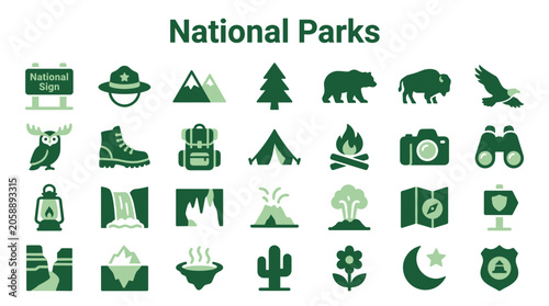 Tableau sur toile Collection of National Park Icons and Symbols Representing Nature Wildlife Adven