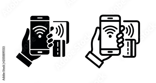 Tableau sur toile Contactless payment icon, hand holding smartphone for NFC transaction with credit card, solid and outline for mobile pay