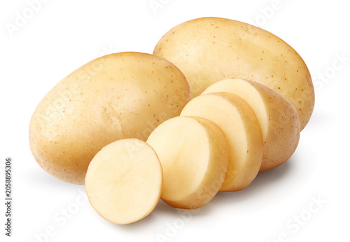 sliced raw potato isolated on white background. clipping path