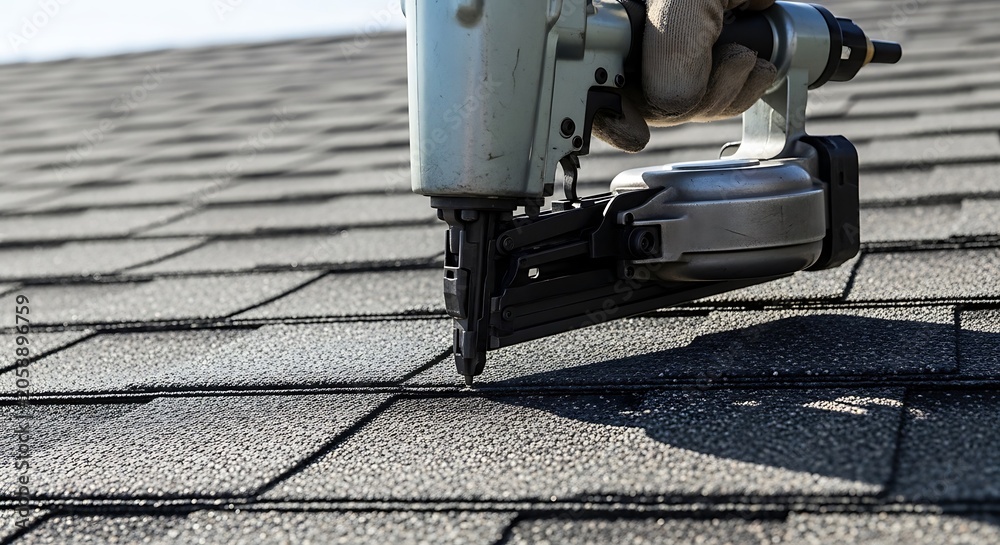 Fototapeta premium Roofer Using Pneumatic Nail Gun on Asphalt Shingles