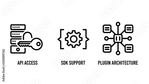 Api access sdk support and plugin architecture software icons with architecture software development database connection integration technology framework programming interface configuration