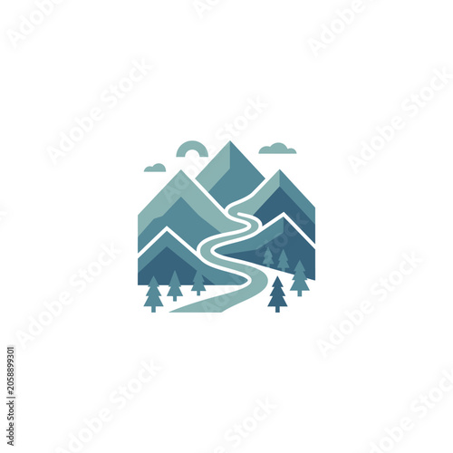 Mountain peak logo with winding river and trees.