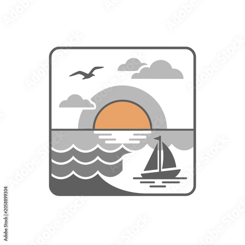 Square ocean sunset scene with sailboat and birds