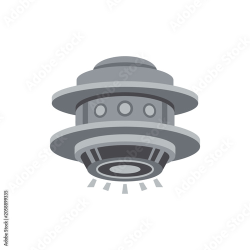 Layered flying saucer icon with glowing light rays.