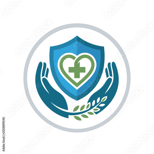 Health insurance shield icon held by caring hands.