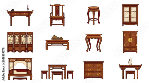 Obraz na plátně Collection of antique Chinese wooden furniture pieces arranged on a white background