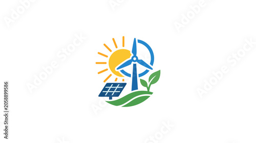 Quadro su tela Renewable energy icon: sun, wind turbine, solar panel, green leaf, sustainabilit