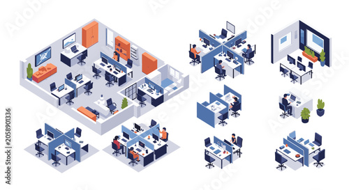 Foto Large set of isometric office workstation layouts featuring various configurations of desks, cubicles, meeting tables, and workers