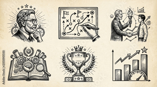 Business strategy and success concepts hand-drawn illustrations.